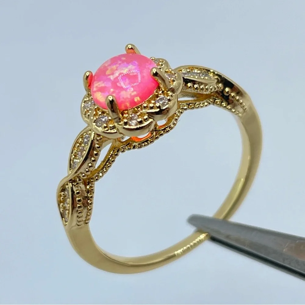 Pink Faux Opal CZ Ring Gold Vintage Style Halo Floral Engagement Ring Art Deco